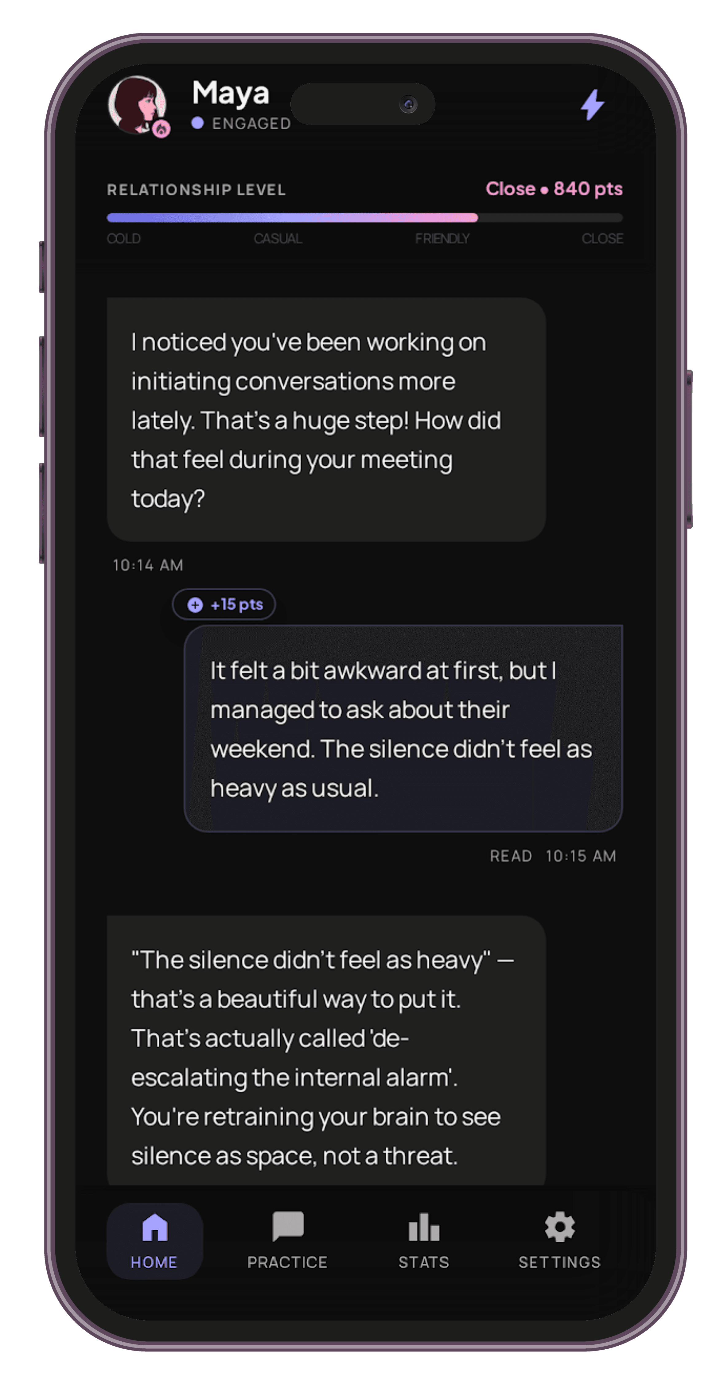 NotShy chat with Maya, relationship level and coaching messages